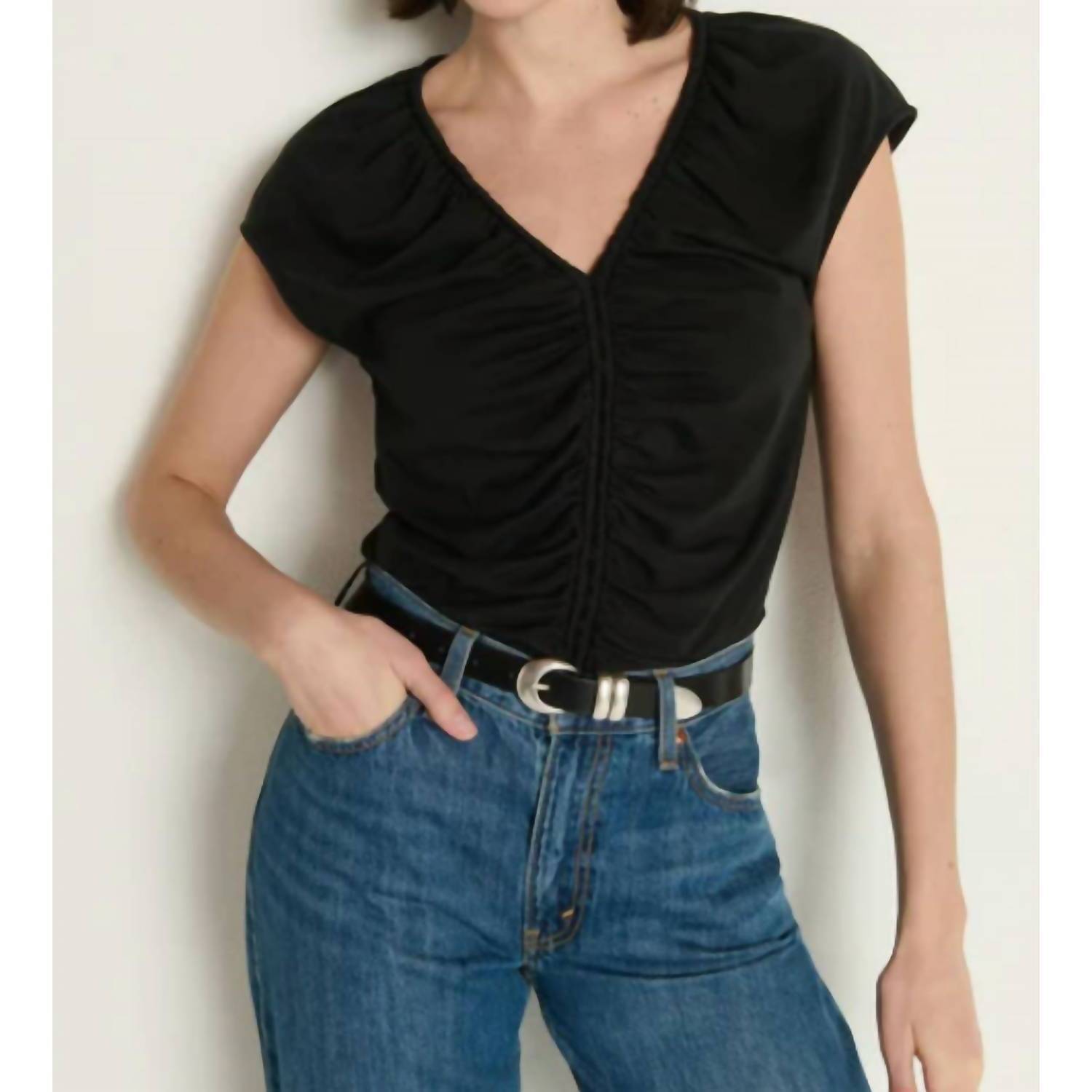 New Nation Ltd Dona V-Neck Top In Jet Black